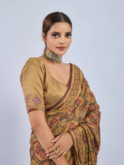 Yellow Chiffon Saree with Red Ajrak