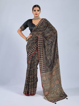 Black Chiffon Saree with Yellow Ajrak Print