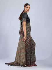 Black Chiffon Saree with Yellow Ajrak Print