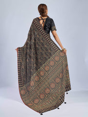 Black Chiffon Saree with Yellow Ajrak Print