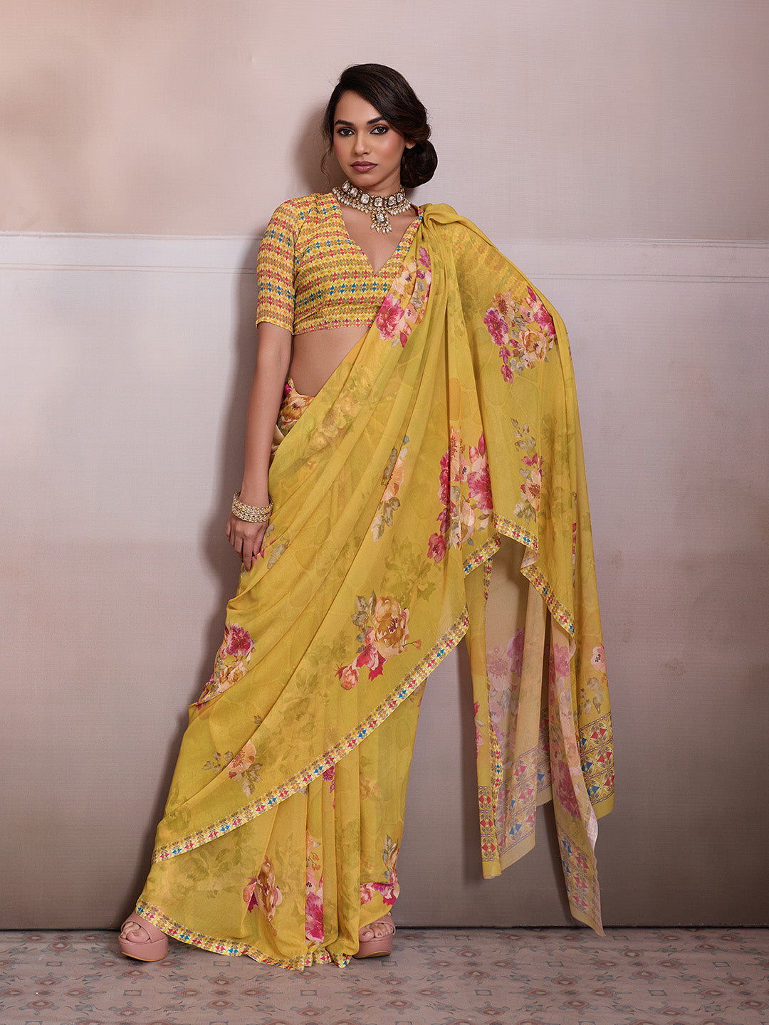 Yellow Georgette Floral Printed Saree