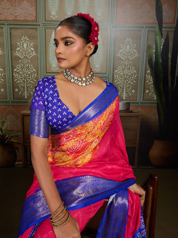 Royal Blue & Pink Bandhani Jacquard Saree with Zari Border