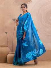 Blue Georgette Floral Printed Saree