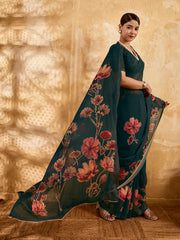 Dark Green Geogette Floral Printed Saree sedora couture