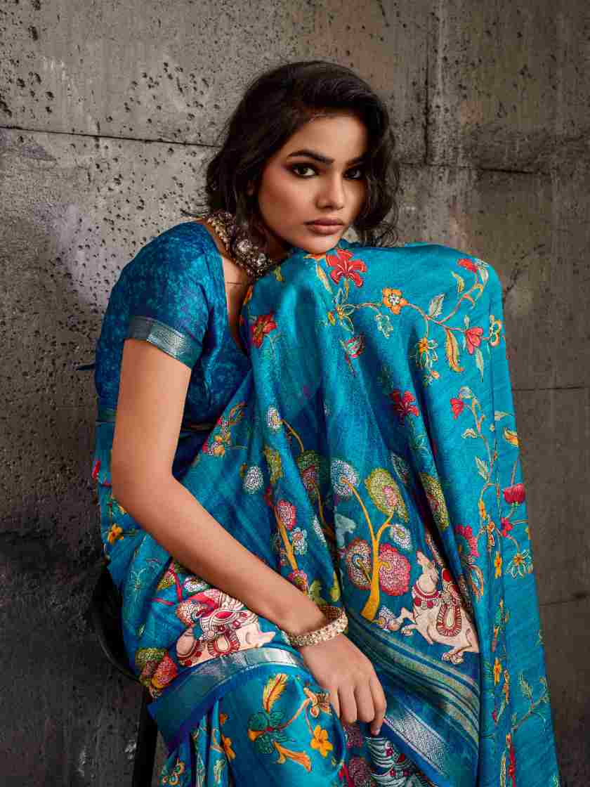 Blue Moss Figure Printed Saree