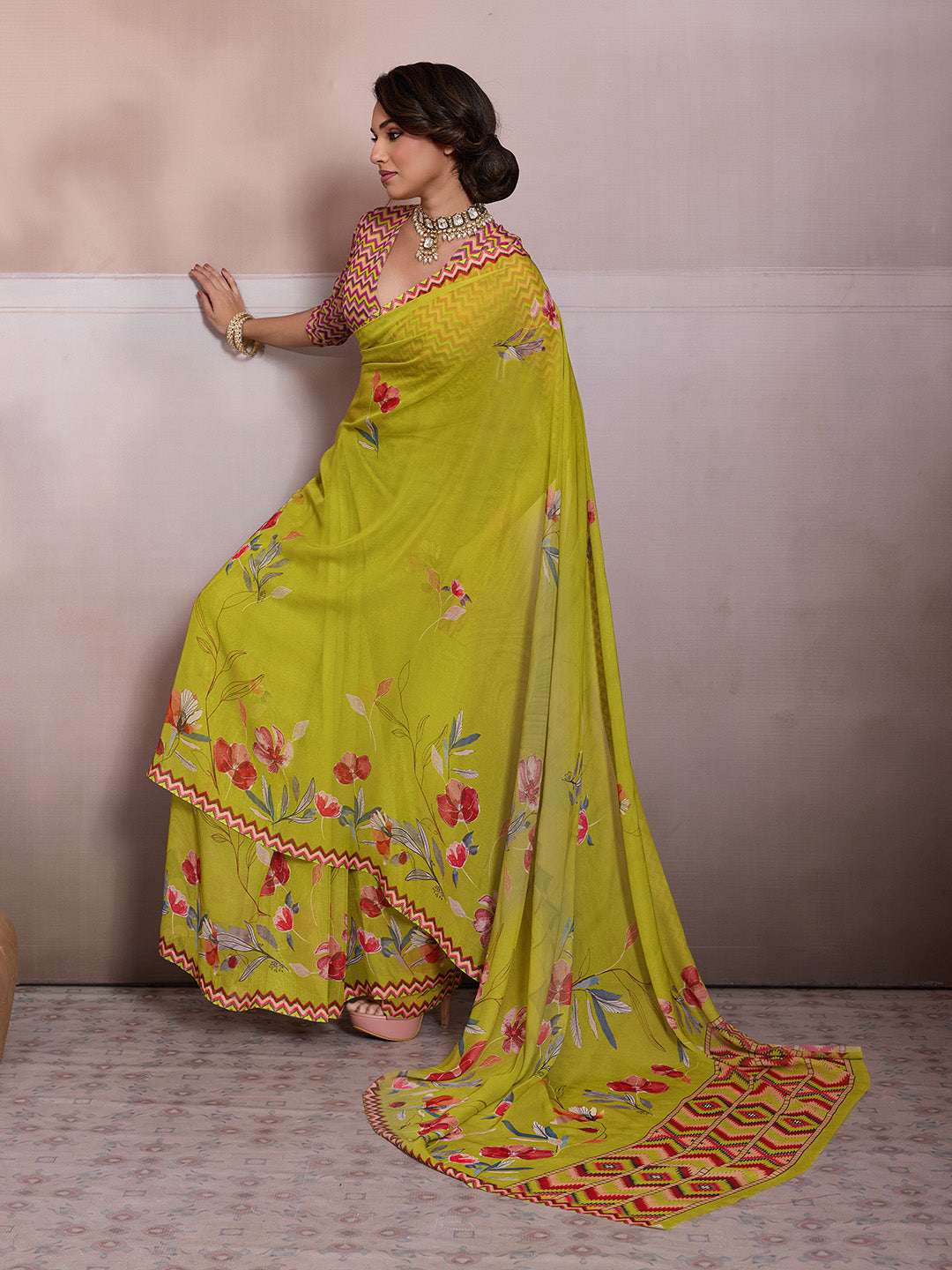 Lemon Green Georgette Floral Printed Saree