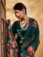 Dark Green Geogette Floral Printed Saree sedora couture