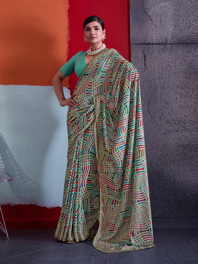 Teal Green Cotton Crepe Geometrical Printed Saree sedora couture