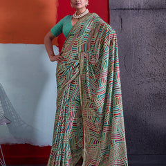 Teal Green Cotton Crepe Geometrical Printed Saree sedora couture
