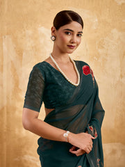Dark Green Geogette Floral Printed Saree sedora couture