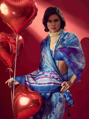 Blue Jacquard Printed Saree with Unstitched Blouse