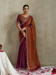 Rust Brown NC Moss Saree with Embroidered Border