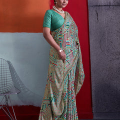 Teal Green Cotton Crepe Geometrical Printed Saree sedora couture