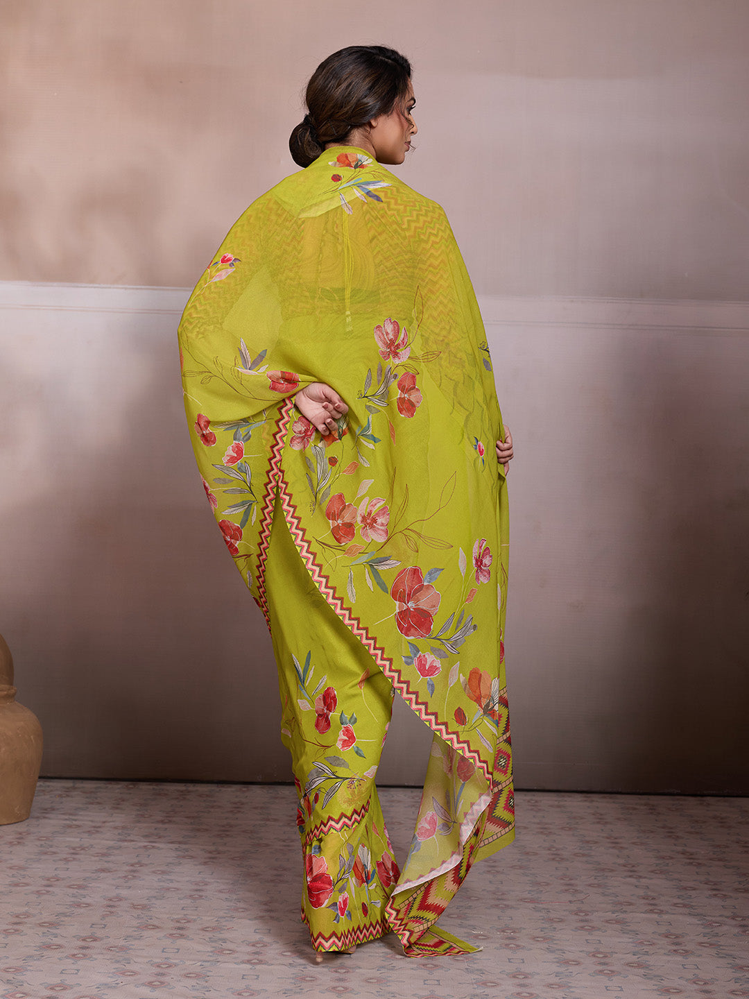 Lemon Green Georgette Floral Printed Saree