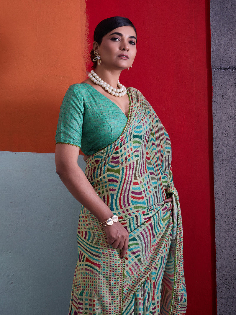 Teal Green Cotton Crepe Geometrical Printed Saree sedora couture