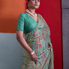 Teal Green Cotton Crepe Geometrical Printed Saree sedora couture