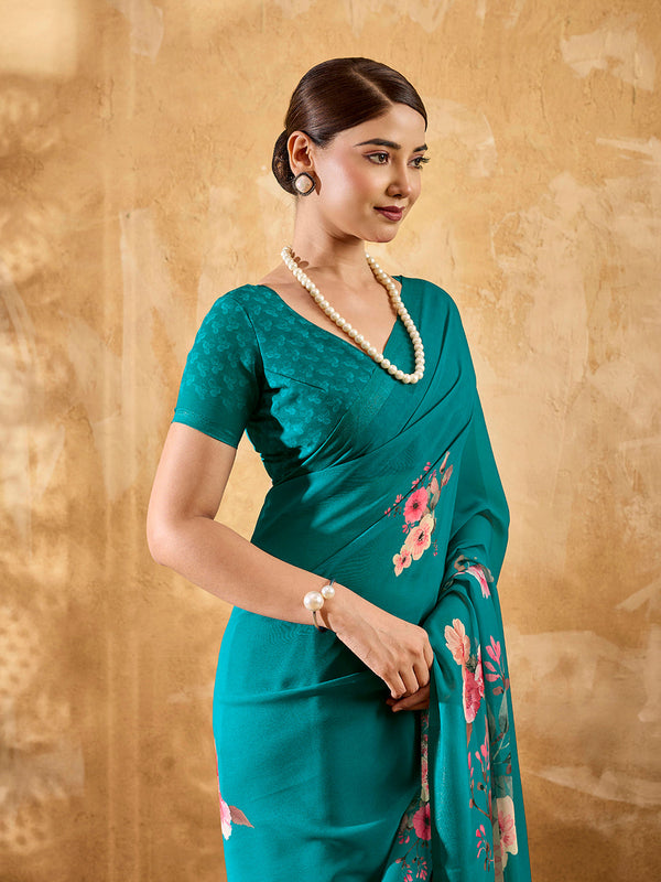 Green Geogette Floral Printed Saree sedora couture