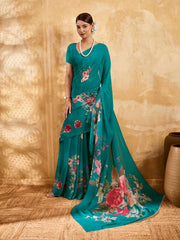 Green Geogette Floral Printed Saree