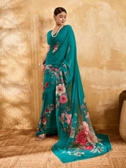 Green Geogette Floral Printed Saree
