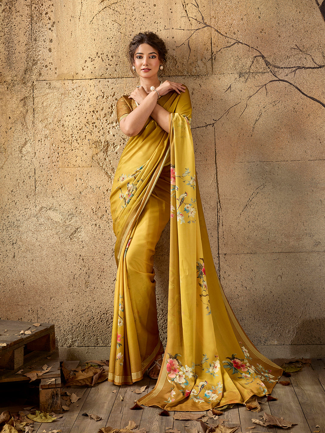 Mustard Georgette Floral Printed Saree