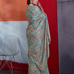 Teal Green Cotton Crepe Geometrical Printed Saree sedora couture