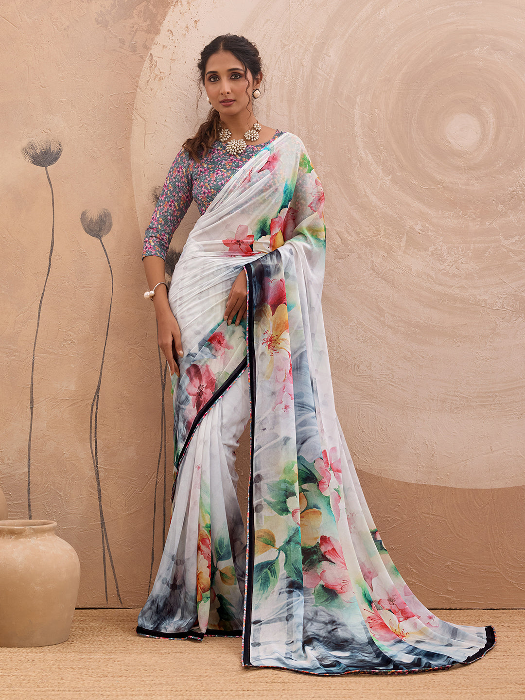 White Georgette Floral Printed Saree