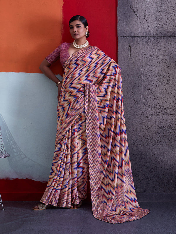 Multi-Colour Cotton Crepe Geometrical Printed Saree sedora couture