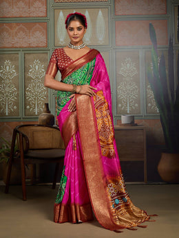 Pink & Green Bandhani Jacquard Saree with Copper Zari Border