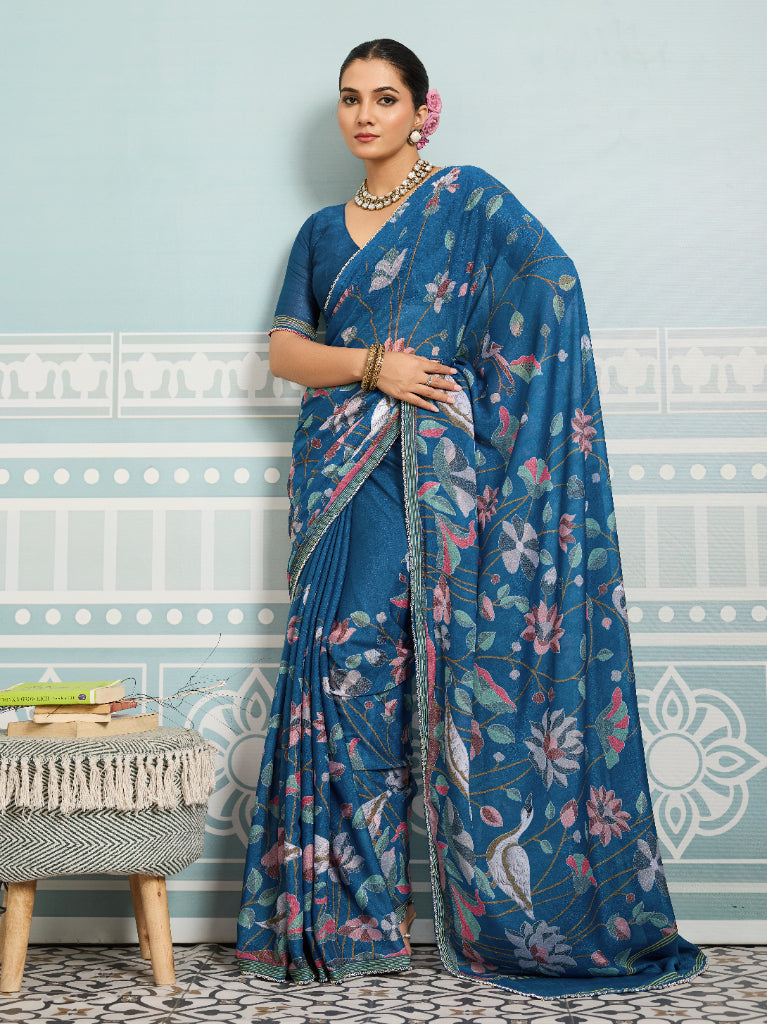 Blue Sparkle Georgette Printed Saree with Beaded Border