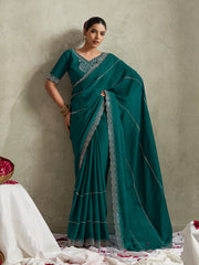Teal Green NC Moss Saree with Embroidered Border