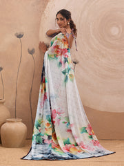 White Georgette Floral Printed Saree
