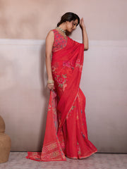 Red Georgette Floral Printed Saree