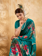 Green Geogette Floral Printed Saree