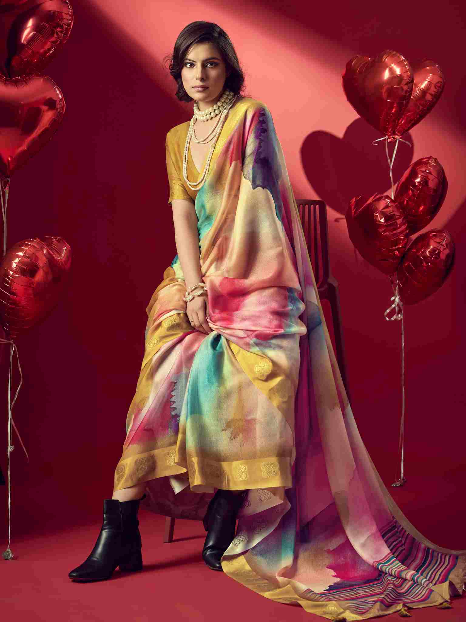 Mustard Jacquard Printed Saree with Unstitched Blouse