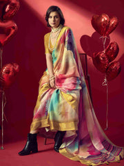 Mustard Jacquard Printed Saree with Unstitched Blouse