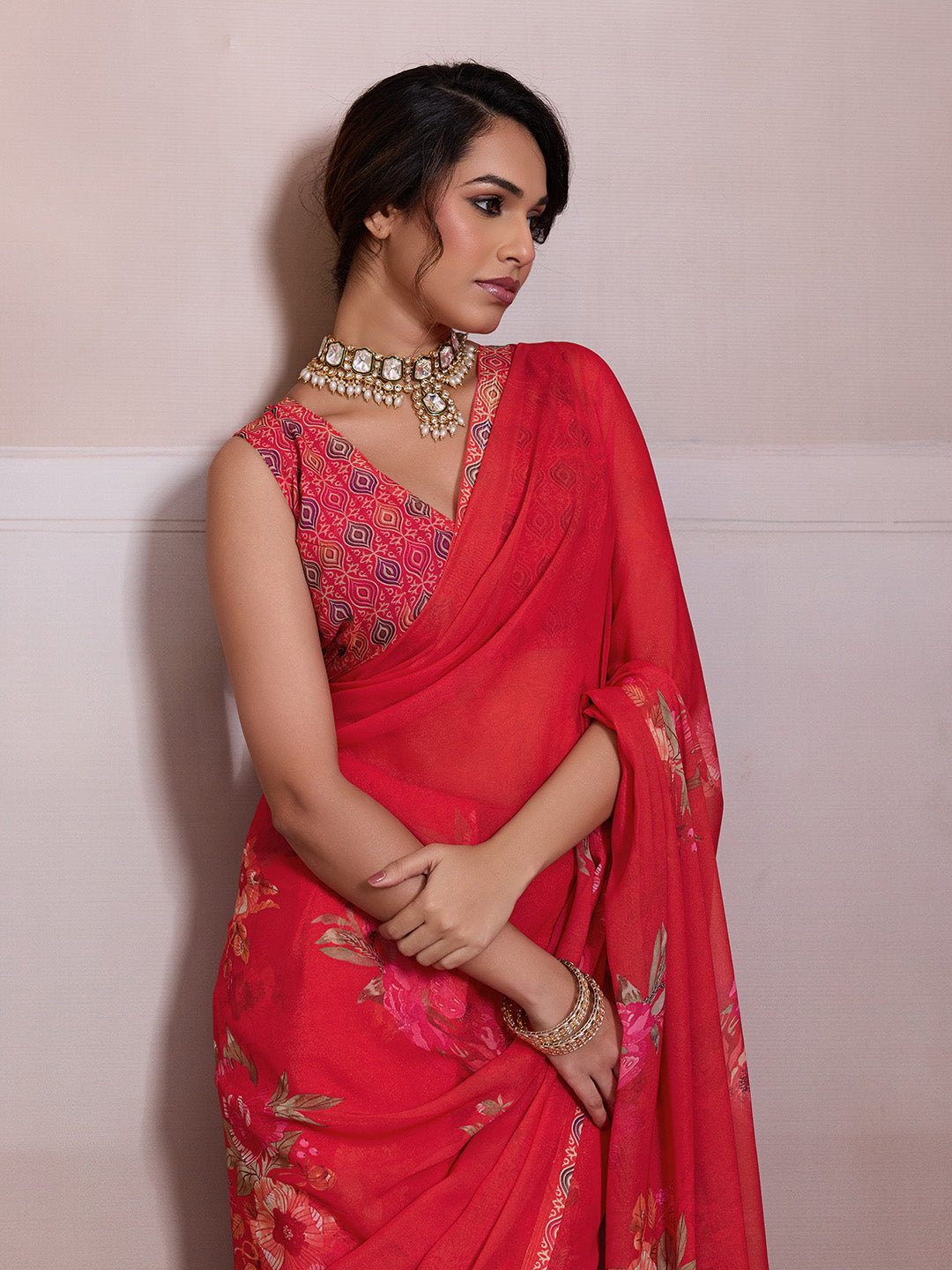 Red Georgette Floral Printed Saree