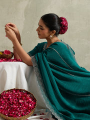 Teal Green NC Moss Saree with Embroidered Border