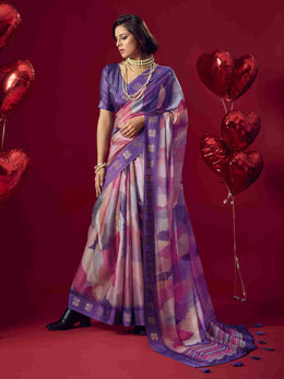 Purple Jacquard Printed Saree with Unstitched Blouse