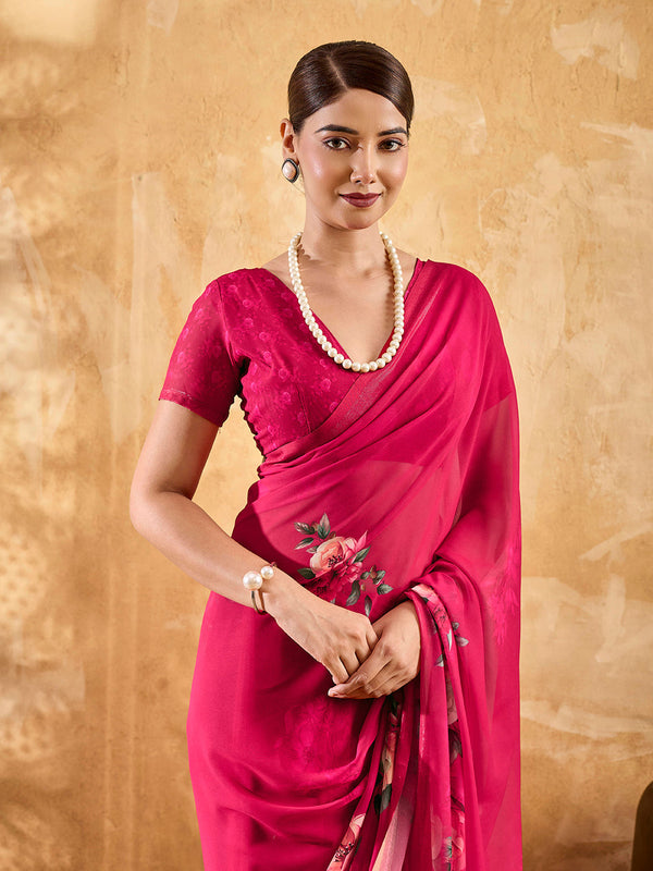 Pink Geogette Floral Printed Saree sedora couture