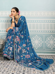 Blue Sparkle Georgette Printed Saree with Beaded Border