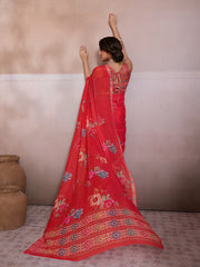 Red Georgette Floral Printed Saree