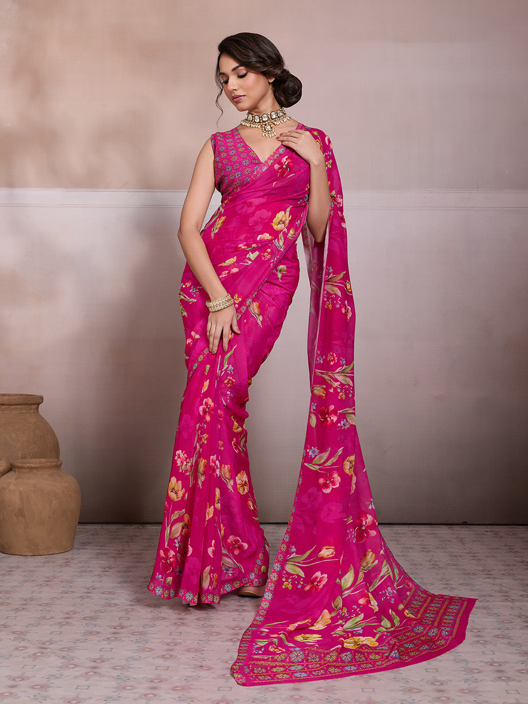 Pink Georgette Floral Printed Saree