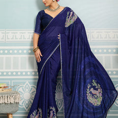Navy Blue Sparkle Georgette Printed Saree with Beaded Border sedora couture
