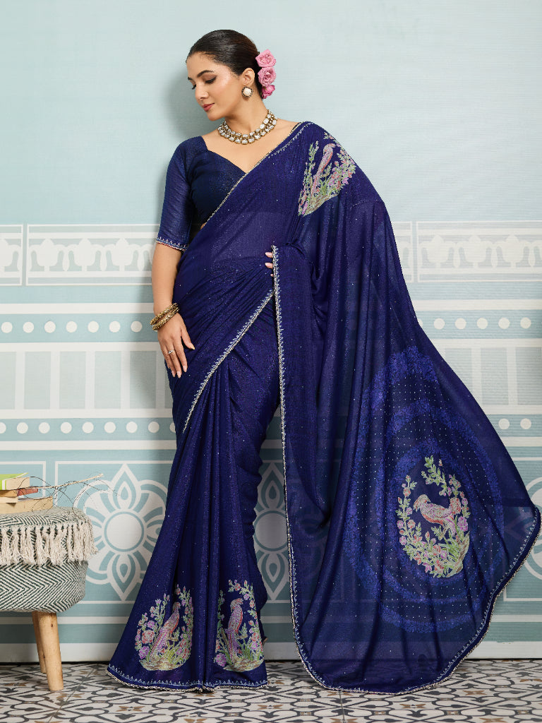Navy Blue Sparkle Georgette Printed Saree with Beaded Border