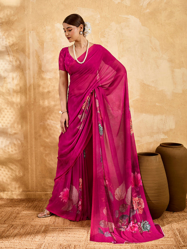 Pink Geogette Floral Printed Saree sedora couture