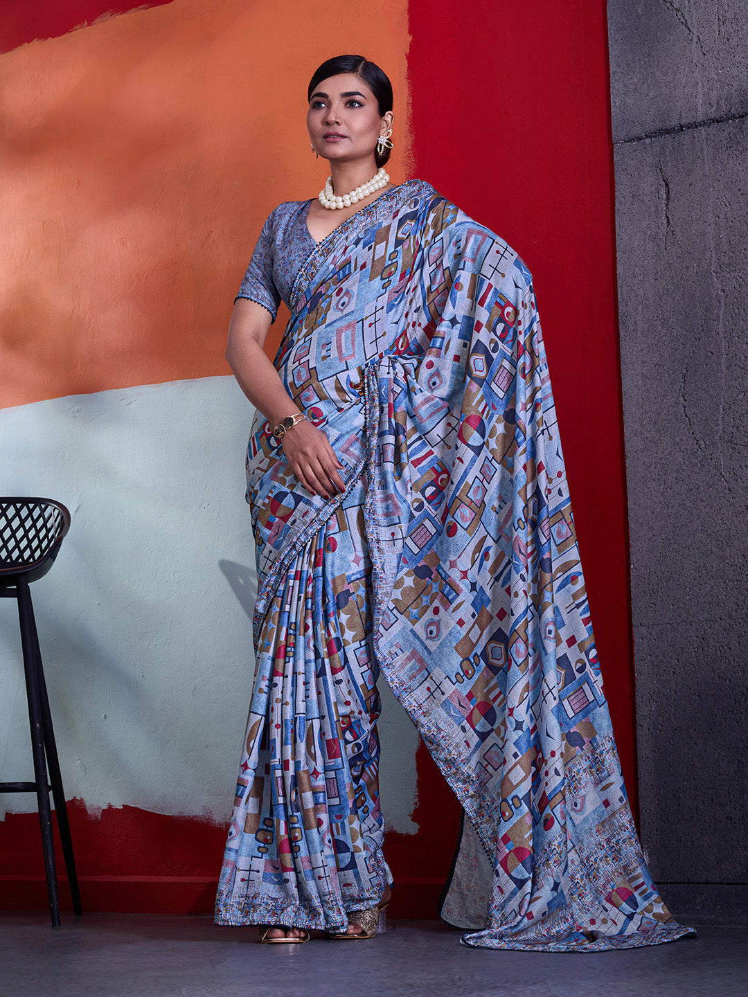 Blue Cotton Crepe Geometrical Printed Saree