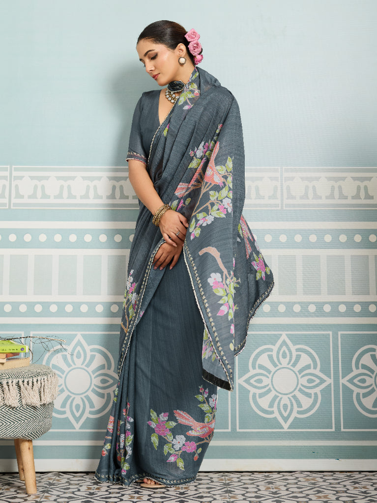 Grey Sparkle Georgette Printed Saree with Beaded Border