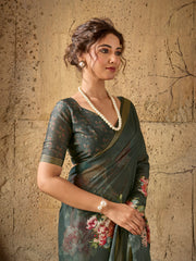 Dark Green Georgette Floral Printed Saree