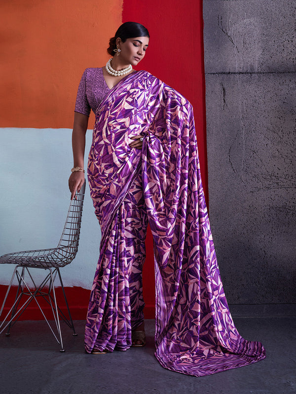 Purple Cotton Crepe Geometrical Printed Saree sedora couture