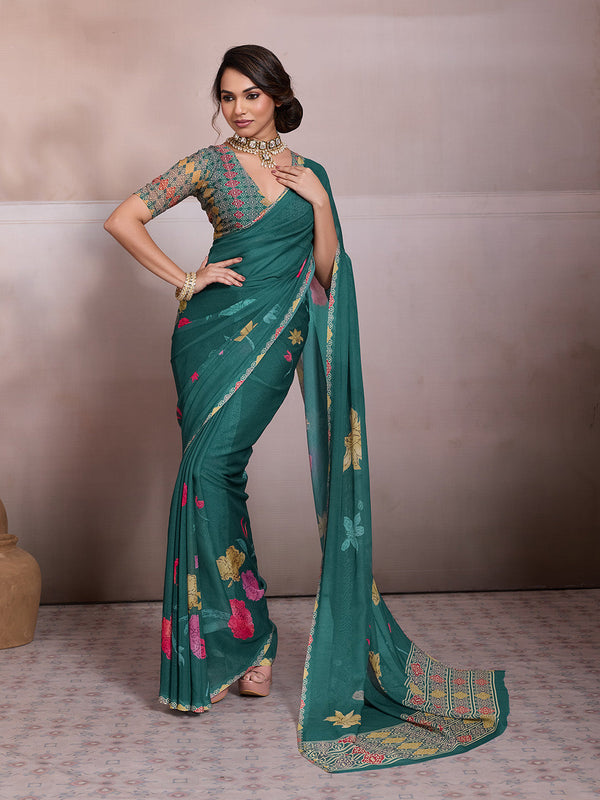 Green Georgette Floral Printed Saree sedora couture
